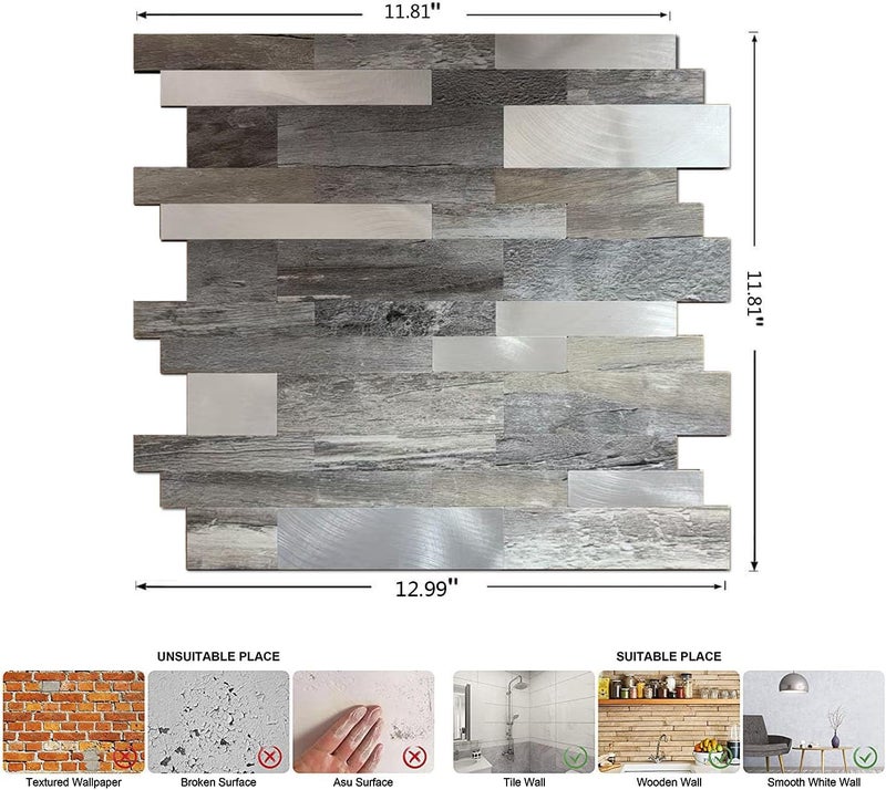weimeisc 10 Sheets Backsplash Tile for Kitchen Peel and Stick, Self-Adhesive Waterproof, Metal Backsplash Subway Tile, Stick on Tiles Kitchen Bathroom (Light Grey Wood Grain+Frosted Silver) - Image 2